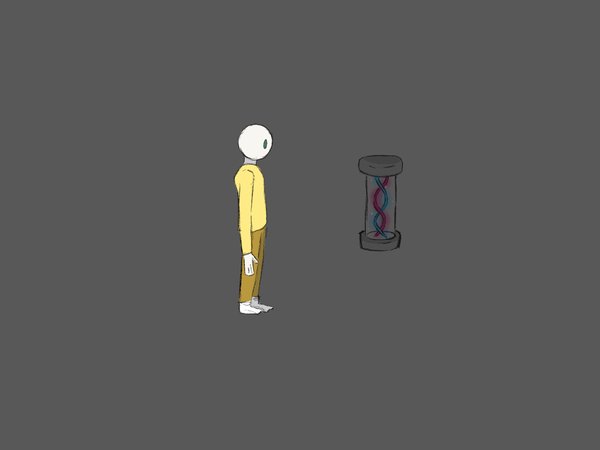 Small figure in a yellow shirt standing on a grey background facing a glowing DNA capsule