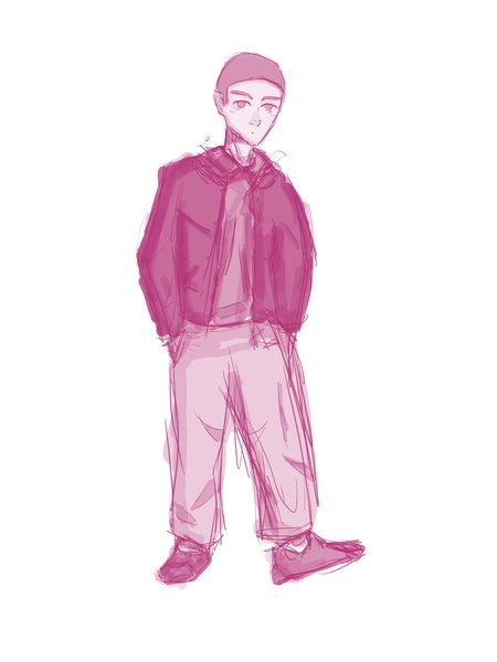 Pink monochrome sketch of a boy in a beanie, a jacket and baggy trousers, standing