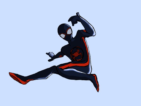 Spider-Man in a black and red suit leaping across a pale blue background, flat colors