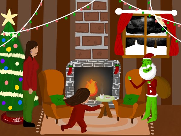 Christmas living room with a fireplace, a tree, a child in red pajamas and a Grinch dressed as Santa