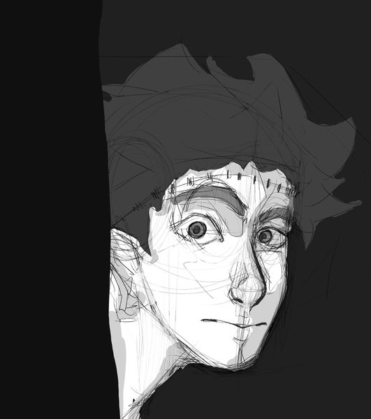 Grayscale sketch of a wide-eyed man with stitches across his forehead, half his face in shadow