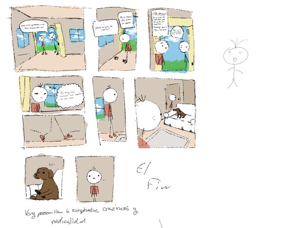 Hand-drawn multi-panel comic in Spanish with simple round-headed characters and handwritten notes