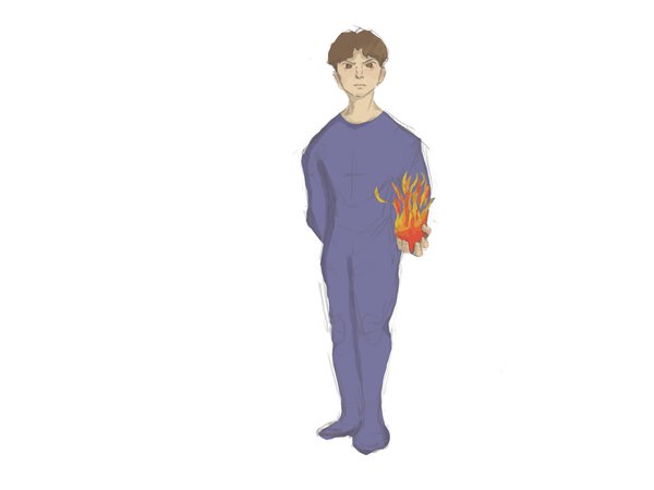Boy in a purple bodysuit standing and holding a small flame in one hand