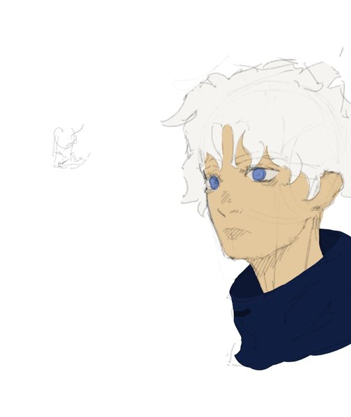 Unfinished three-quarter view sketch of a white-haired character with blue eyes in a navy collar