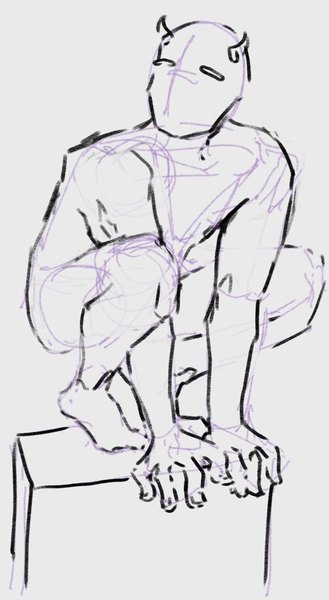 Light gesture sketch of a horned figure crouching on a box
