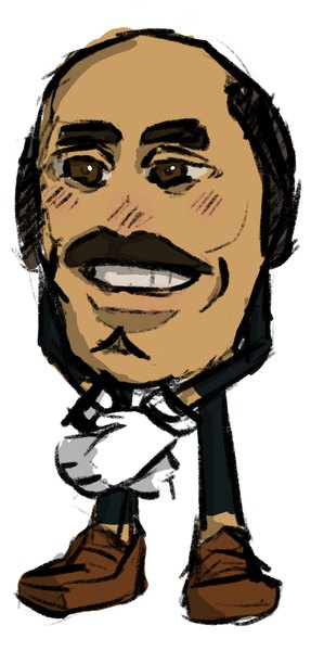 Cartoon redraw of a mustached candy mascot beside the meme image it was drawn from
