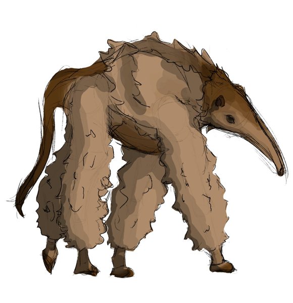 Creature design sketch of a shaggy brown camel crossed with an anteater