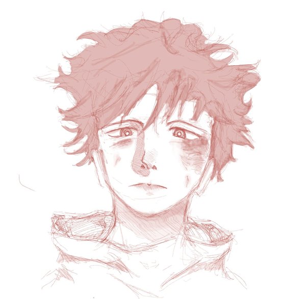 Red-toned sketch of a bruised anime boy with messy hair, looking down