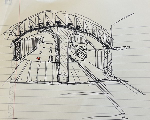 Ballpoint sketch of a vaulted station hall drawn on a lined notebook page